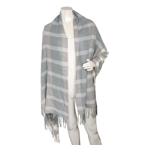 Love & Lore Plaid Oversized Wrap Scarf Shawl Grey White Green Tasseled Office - Picture 1 of 8